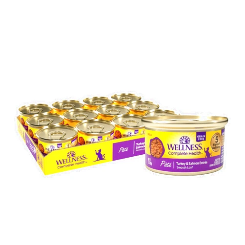 Wellness Complete Health Pate Adult Wet Cat Food, Natural, Protein-Rich, Grain Free, 3 Ounce, 24 Pack, (Turkey & Salmon)