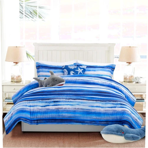 Holawakaka Beach Stripe Bedding Sets 6 Pieces, Blue Coastal Striped Comforter Set King Size All Season Geometric Bed Set, Nautical Bed in a Bag with Comforter, Sheets and Shams