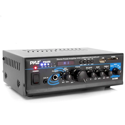 Pyle Home Audio Power Amplifier System - 2X120W Dual Channel Mixer Sound Stereo Receiver Box w/RCA, USB, AUX, Headphone, Mic Input, LED - for PA, Theater, Home Entertainment, Studio Use - Pyle PTAU55
