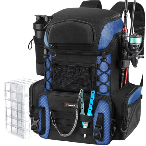 Piscifun Fishing Tackle Backpack with Rod Holders & 4 Tackle Boxes, 42L Outdoor Fishing Bag with Waterproof Rain Cover