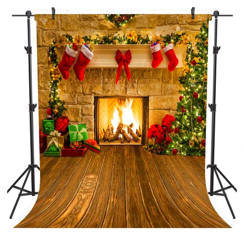 OUYIDA 5X7FT Christmas Fireplace Theme Backdrop for Photography Tree Sock Gift Decorations for Xmas Party Supplies Vinyl Photo Booth Background Studio Prop CEM15