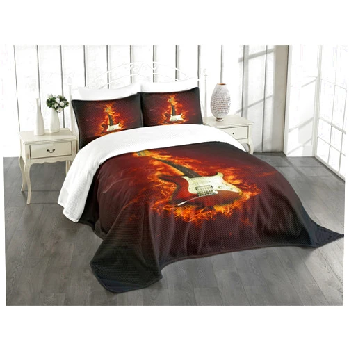 Ambesonne Guitar Bedspread Set, Electric Guitar in Burning Hardrock Musical Creativity Concept, 3 Piece Decorative Bedding Coverlet and 2 Pillow Shams, King Size, Orange Maroon Black