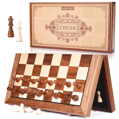 AMEROUS 15 Inches Magnetic Wooden Chess Set with 2 Extra Queens/Folding Board/Chess Pieces Storage Slots/Instructions, Portable Travel Chess Game for Beginner/Classic Board Game