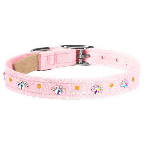 Susan Lanci Designs Premium Ultrasuede Crystal Paws Dog Collar, Puppy Pink, XX-Small