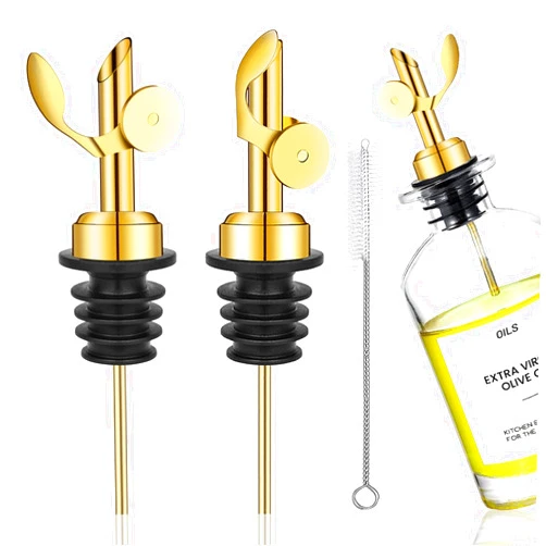 WAFJAMF 2 Pcs Weighted Stainless Steel Bottle Pourers, Self Closing Olive Oil Dispenser Spout, Auto Flip Feature Liquor Pour Spouts for Pours Liquid, Olive Oil, Wine, Vinegar (Gold)