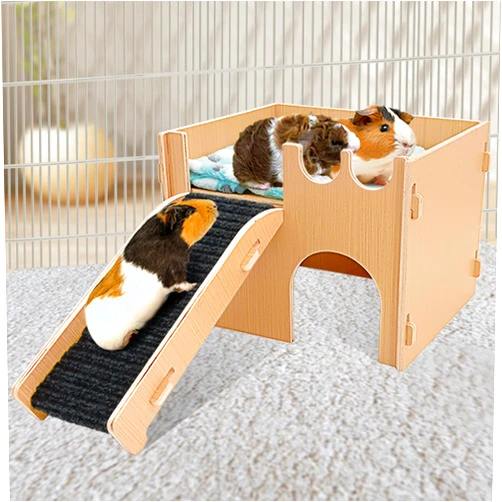 Mooydee Guinea Pig Castle Hideout, Wooden Hamster House with Stairs & Mat, Large Ventilated Guinea Pig Hut Habitat Bed with 2 Doors for Small Pet Chinchilla Bunny Hedgehog Gerbil Rat
