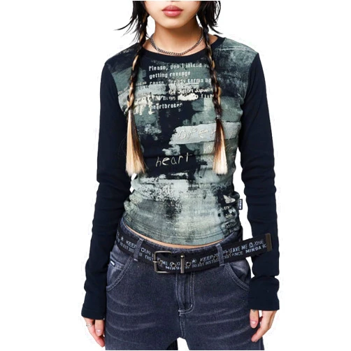 KOSUSANILL Fairy Grunge Shirts Women Y2k Long Sleeve Aesthetic Graphic Crop Top Punk Gothic Teen Girl Tees Halloween Clothes