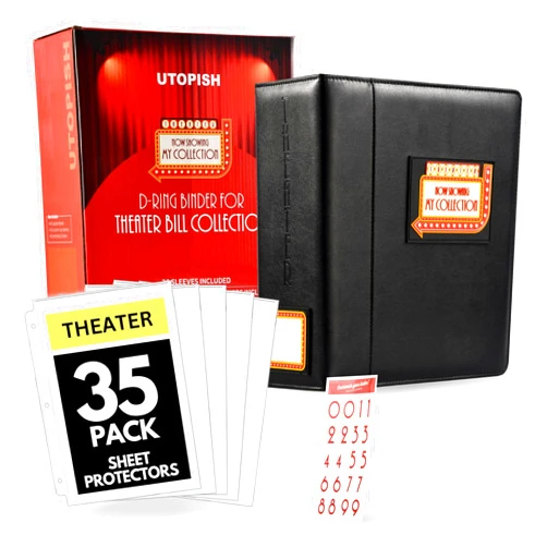 UTOPISH Show-Bill Binder with Sleeves – Large 4” Theater Program Holder with 35 Sheet Protectors and Numbering Stickers Included - Broadway Gift with Full-Color Logo and Numbering Panel