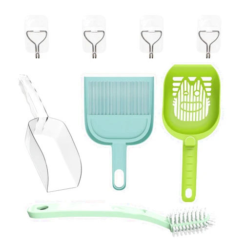 UPFAS Convenient Pet Cats Toilet Cleaning Kit with Cat Litter Box Scooper/Cat Litter Picker/Handheld Dustpan/Broom/Brush/Paste Hooks Good for self Cleaning cat Litter Box.