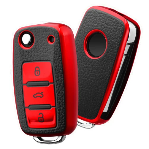 ELOHEI for VW Key Fob Cover, Premium Soft TPU 361 Degree Full Protection for VW Volkswagen Jetta Beetle Tiguan Passat Golf MK6 Polo 3 Buttons(Leather Red)