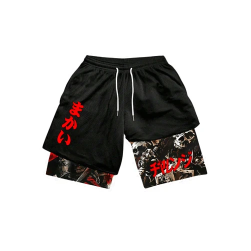 WDIRARA Men's 2 in 1 Shorts Graphic Letter Print Drawstring Workout Running Gym Shorts with Pockets