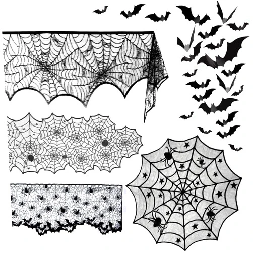 Beeager 5 Pack Halloween Spider Decorations Sets -Halloween Fireplace Mantel Scarf & Round Table Cover & Lace Table Runner & Cobweb Lampshade & 60 pcs Scary 3D Bat for Halloween Party Decors (1) (1)