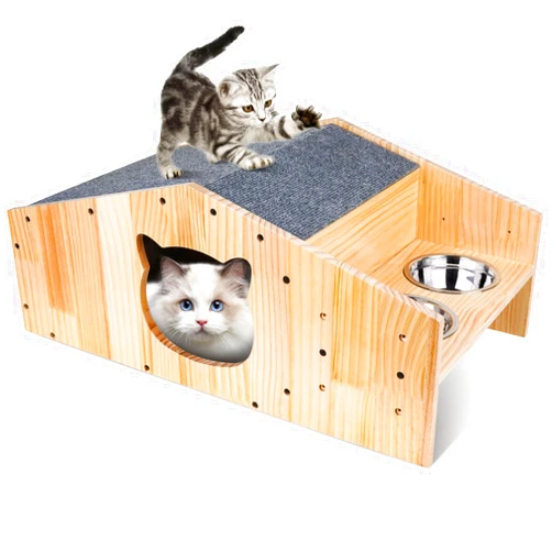 Tookincmo Cat Wooden House for Indoor Cats, Wooden cat condo with mat, Solid Pine Wood cat House with Scratching pad & Feeding Station.