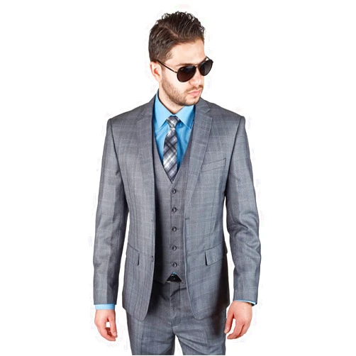 AZAR MAN Slim Fit 3 Piece Vested Plaid Grey Suit 2 Button Notch Lapel