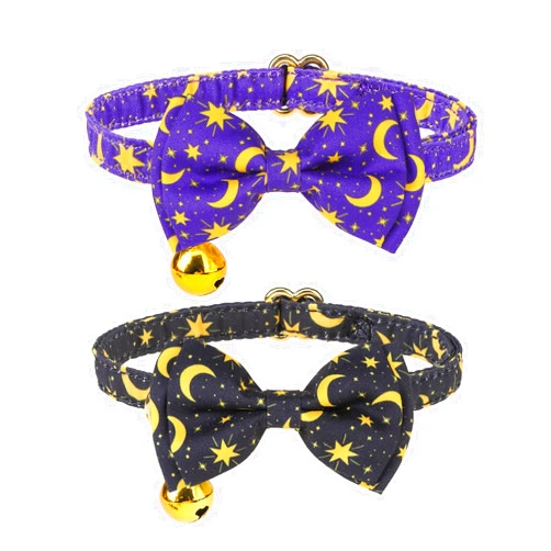 EXPAWLORER Breakaway Cat Collar with Bells- 2Pcs Adjustable with Bowtie for Girl Boy Kitten, Moon and Stars Pet Collar with Safety Buckle