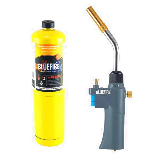 MR. TORCH BLUEFIRE BTS-8090 Auto ON/OFF Trigger Start Heavy Duty Gas Welding Torch Head Adjustable Swirl Flame Hand Hold Portable Fuel by MAPP/MAP Pro/Propane 1lb Bottle Tank (Torch Kit with MAPP Cylinder)