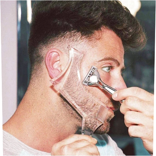 FANJEIS Men's Beard Shaping Tool With Inbuilt Comb Transparent Template Styling Comb Templates for Goatee Mustache Sideburns, Jaw Cheek/Neck Line, Symmetric/Curve/Step Cut (Clear)