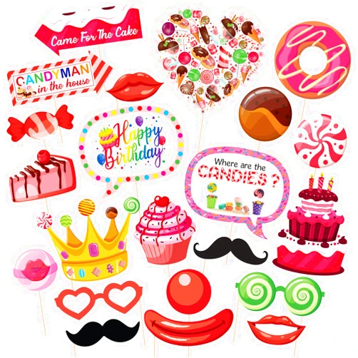 ZYOZIQUE 22Pcs Candy Theme Photo Booth Props with Stick, Candyl Selfie Props, Candy Theme Party Supplies, Lollipop Birthday Theme Backdrop Decorations