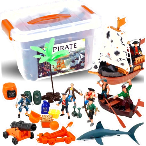 Liberty Imports Bucket of Pirate Action Figures Toys Playset with Pirate Ship, Boat, Treasure Chest, Cannons, Shark for Kids Imaginary Pretend Play