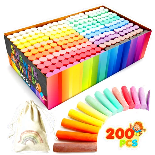 SMALL FISH 200PCS Washable Sidewalk Chalks Set in 20 Colors: Jumbo Drawing Chalk for Kids Outdoor Art, Non-Toxic Dustless Colored Giant Box Chalkboard Chalk for Toddler Painting on Blackboard, Playground, Party