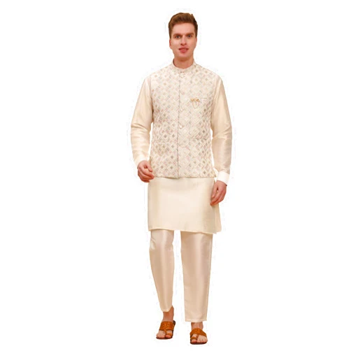 Pro-Ethic Style Developer Mens Indian Traditional Silk Kurta Set With Jacket For Men Floral Design (C-112)