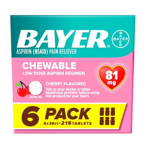 Bayer Aspirin Low Dose 81 mg Chewable Tablets, Pain Reliever, Cherry Flavored, 216 Tablets (6 Pack)