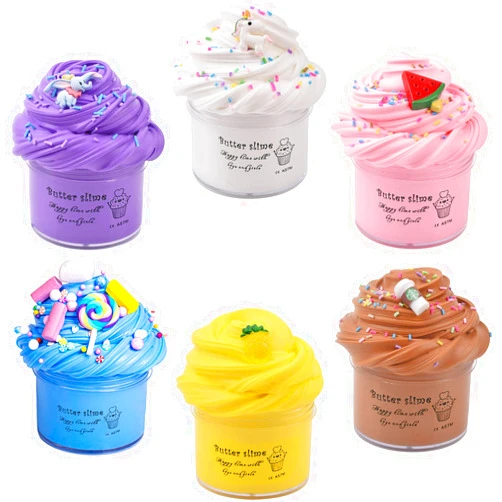 Keemanman 6 Pack Butter Slime Kit with Elephant, Unicorn, Watermelon, Candy, Pineapple and Coffee Charms, Scented DIY Slime Supplies for Girls and Boys, Stress Relief Toy for Kids Party and Gift