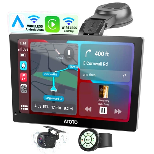 ATOTOEXCEL Portable Carplay Screen for Car with 1080P Backup Camera, ATOTOEXCEL 9 inch 1280x720 HD QLED Touchscreen, Wireless CarPlay & Android Auto Screen, Portable Car Stereo with Bluetooth, AUX/FM, SWC