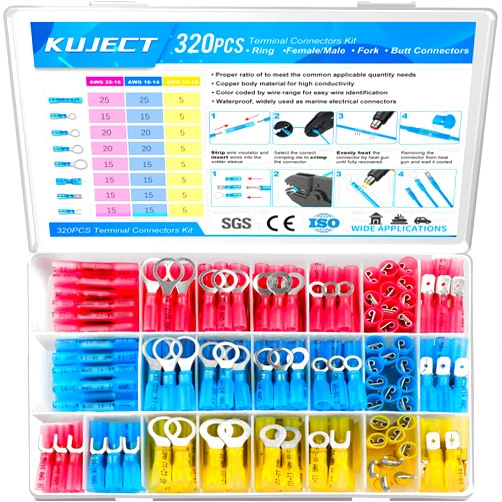 Kuject 320PCS Heat Shrink Wire Connectors Kit, Electrical Waterproof Crimp Butt Terminals, Insulated Spade Connectors for Automotive Marine Boat Truck, Include Rings Forks Spade Butt Splices