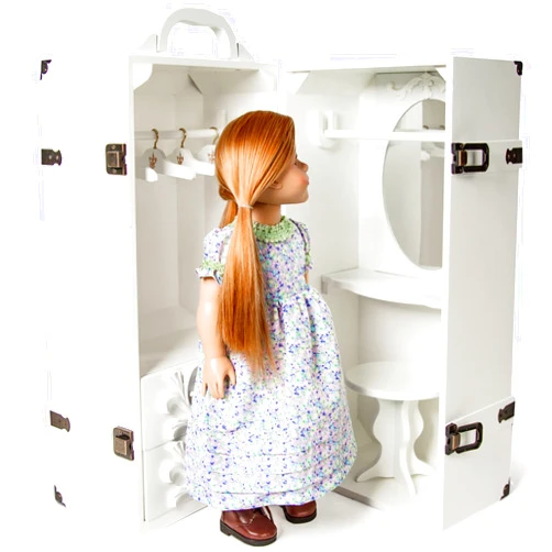 The Queen's Treasures 18 Inch Doll Clothes Storage Case Furniture, Fully Assembled White Wooden Trunk Includes Vanity, Stool, Hangers, Compatible for Use with American Girl Dolls, Clothes & Shoes