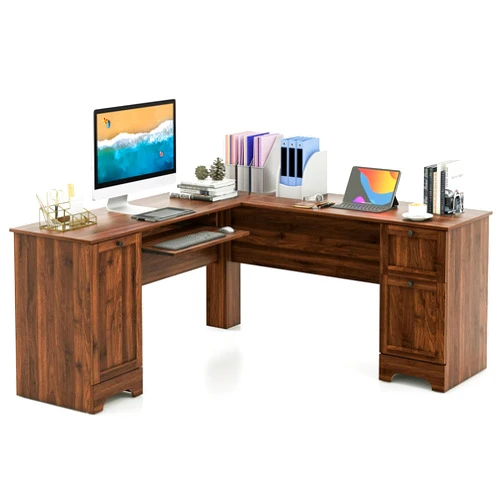 Tangkula L-Shaped Office Desk with Storage Drawers & Keyboard Tray, Home Office Corner Computer Desk with Cabinet & Inner Adjustable Shelf, Space-Saving Study Writing Desk, Computer Workstation