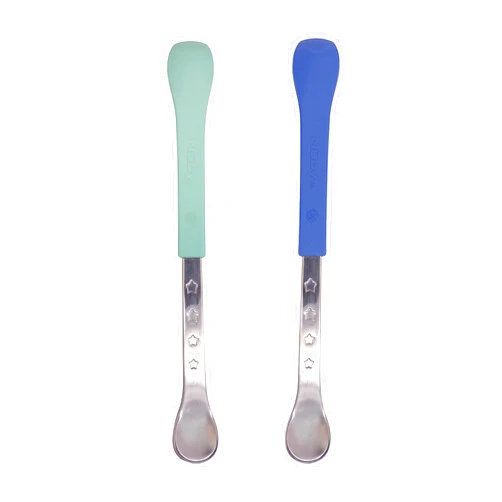 Nuby 2-in-1 Hot Safe Feeding Spoons - (2-Pack) Spoons for Babies 6+ Months - Blue and Aqua
