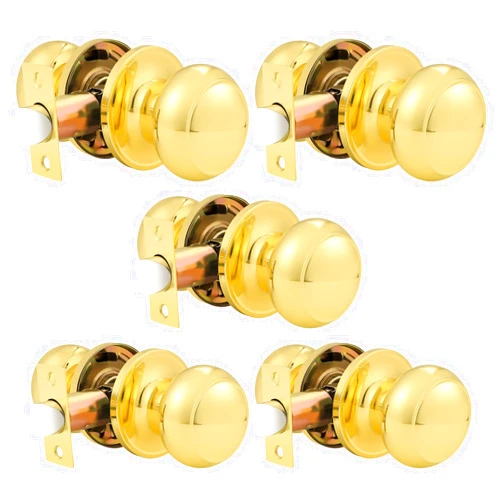 Probrico Round Door Knobs Passage Lock Polished Brass for Closet Hallway Passage Handle Keyless Lockset 5 Pack