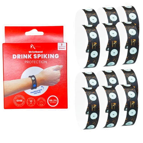 Xantus Drink Check Wristband Roofie Test by Xantus | Spiked Drink Wristband Tester Detects GHB Within 10 Seconds Test Your Drink | Spiking Protection Detector Made in USA | (12 Black Wristbands | 48 Tests)