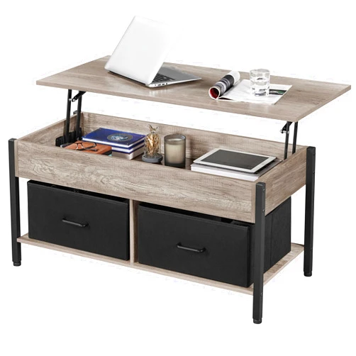 Yaheetech Lift-top Coffee Table with 2 Fabric Baskets & Hidden Storage Compartment, Raisable Top Coffee Table Industrial Center Table with Shelf for Living Room, Gray