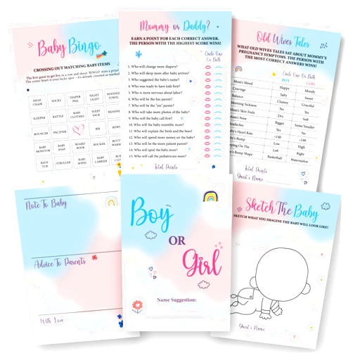 WOODAMORE Baby Gender Reveal Games for Guests - Funny Baby Shower Games for Boy or Girl Gender Reveal Decorations, Baby Bingo for Gender Reveal Ideas, Old Wives Tales, Mom Or Dad Gender Party Game