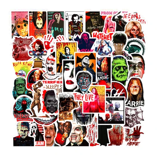 Gxizlba 50 Pcs Horror Stickers, Horror Movies Scary Movie Gifts Spooky Decorations Halloween Party Gifts Sticker, Kids Teens Adults DIY Bumper Helmet Journal Phone Laptops Decals