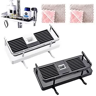WQIAOBX Direct Shower Caddy Shelf For Slide Bar,Liftable Shower Rod Tray With Hook,Bathroom Shower Rack Organizer Sponge Soap Holder For Shampoo Soap,With Stainless Steel Guardrail (C)