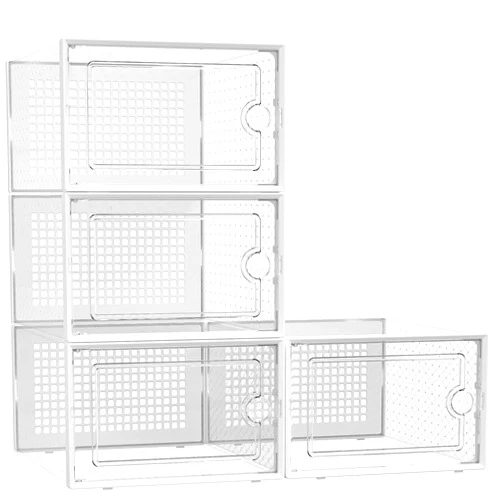 Kuject X-Large Shoe Storage Boxes Organizers for Closet 4 Pack, Fit Size 11,Clear Plastic Stackable Sneaker Containers for Entryway, Space Saving Shoe Rack Holder White