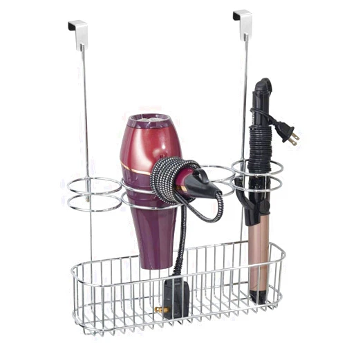 mDesign Metal Over Door Bathroom Hair Care & Styling Tool Organizer Storage Basket for Hair Dryer, Flat Irons, Curling Wands, Hair Straighteners - Hang Inside/Outside Cabinet Doors - Chrome