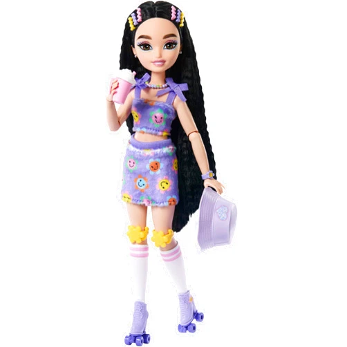 Barbie Dream Besties Doll and Accessories, Renee Posable Roller Skating Fashion Doll with Black Hair, 12 Video & Food Themed Pieces