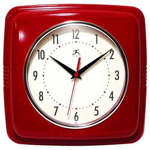 Infinity Instruments Square Silent Retro 9 inch Mid Century Modern Kitchen Diner Retro Wall Clock Quartz Sweep Movement (Red)