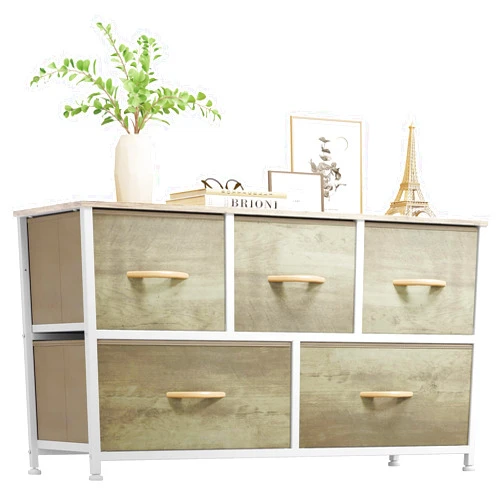 YITAHOME Wide Chest of Drawers, Dresser with 5 Drawers, Oak Greige Fabric Storage Tower, Dresser for Bedroom with 5 Drawers, Living Room, Closets - Sturdy Steel Frame, Wooden Top