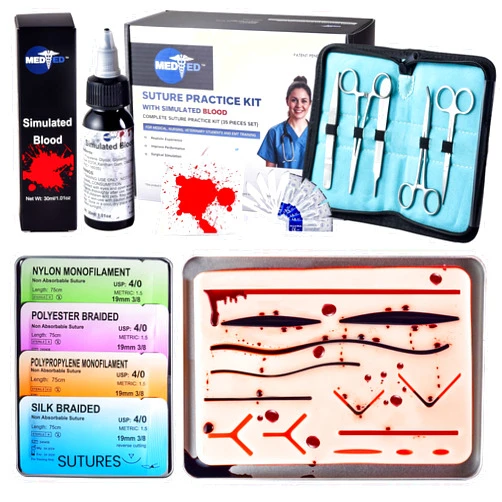 MEDED Suture Practice Kit with Blood | Complete Suture Kit (35 Pieces) for Medical/Vet Student Training | Include Premium Quality Suture Pad, Tools, Threads, Gloves, Gauze, Manual | Realistic Kit