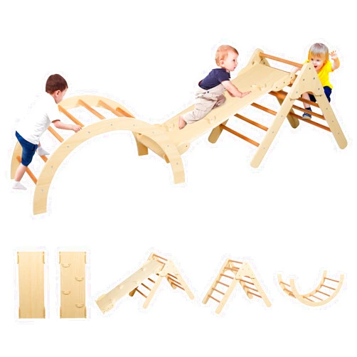Kinder King Pikler Triangle Set, 5 in 1 Kids Wooden Montessori Climbing Toys, Arch Climber, Rocker, Climbing & Sliding Ramp, Climbing Triangle, Indoor Outdoor Playground Gym Set for Toddlers, Natural