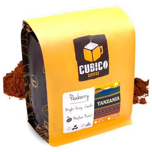 Cubico Coffee Tanzanian Peaberry Coffee, Ground Coffee, Premium Tanzania Peaberry Single Origin Fresh Roasted Ground Coffee | Cubico Coffee | 12 Ounce Bag