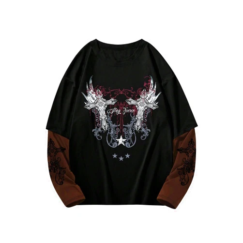 GORGLITTER Men's Y2k Goth Shirt Jersey Letter Graphic Color Block Oversized Long Sleeve Crewneck Vacation Tee Tops