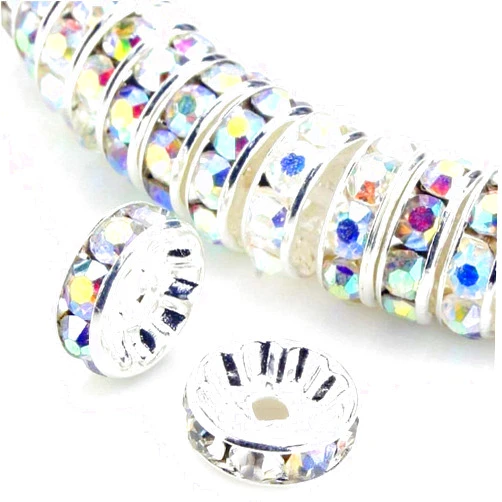 Weebee 100Pcs Rondelle Spacer Beads Crystal Charms Silver Plated Czech Rhinestone Loose Beads for Jewelry Making DIY Bracelets (Ab Crystal, 4mm)