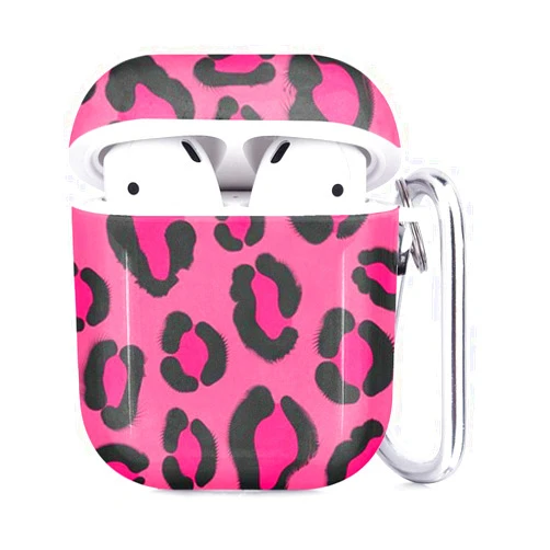 SMODDIX Compatible with Airpods 2 & 1 – Shockproof TPU Gel Portable Protection Soft Case Cover Skin with Carabiner Clip Keychain (Hot Pink Leopard Animal Print)