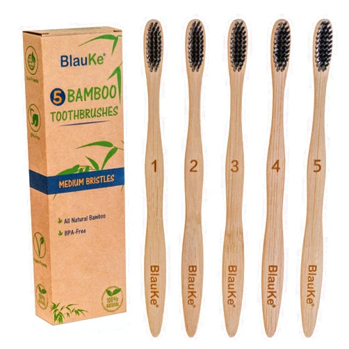 BlauKe Bamboo Toothbrushes Medium Bristles 5-Pack – Biodegradable, Sustainable, Natural, Eco Friendly – Black Charcoal Wooden Toothbrush Set